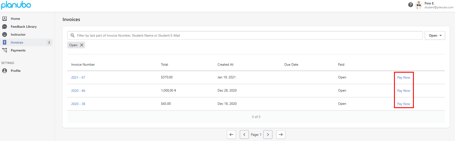 Student invoices after Stripe integration displayed within the Planubo platform