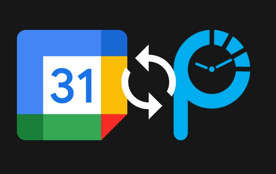 Google Kalender-Logo und Planubo-Logo mit einem Synchronisationspfeil auf schwarzem Hintergrund