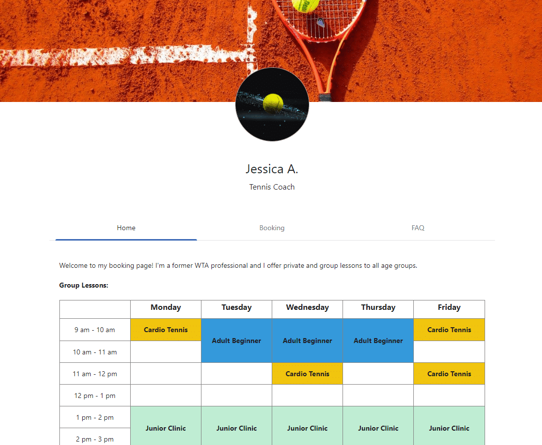 Planubo booking page example of a tennis coach.