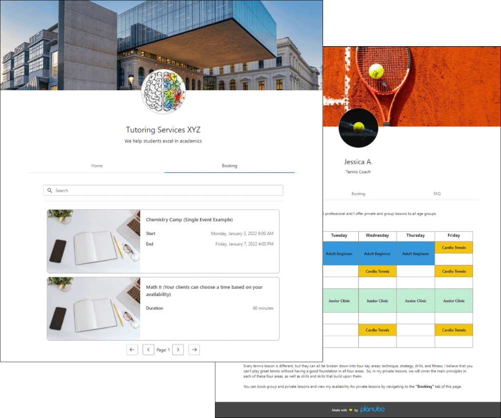 tutoring and tennis coach booking pages