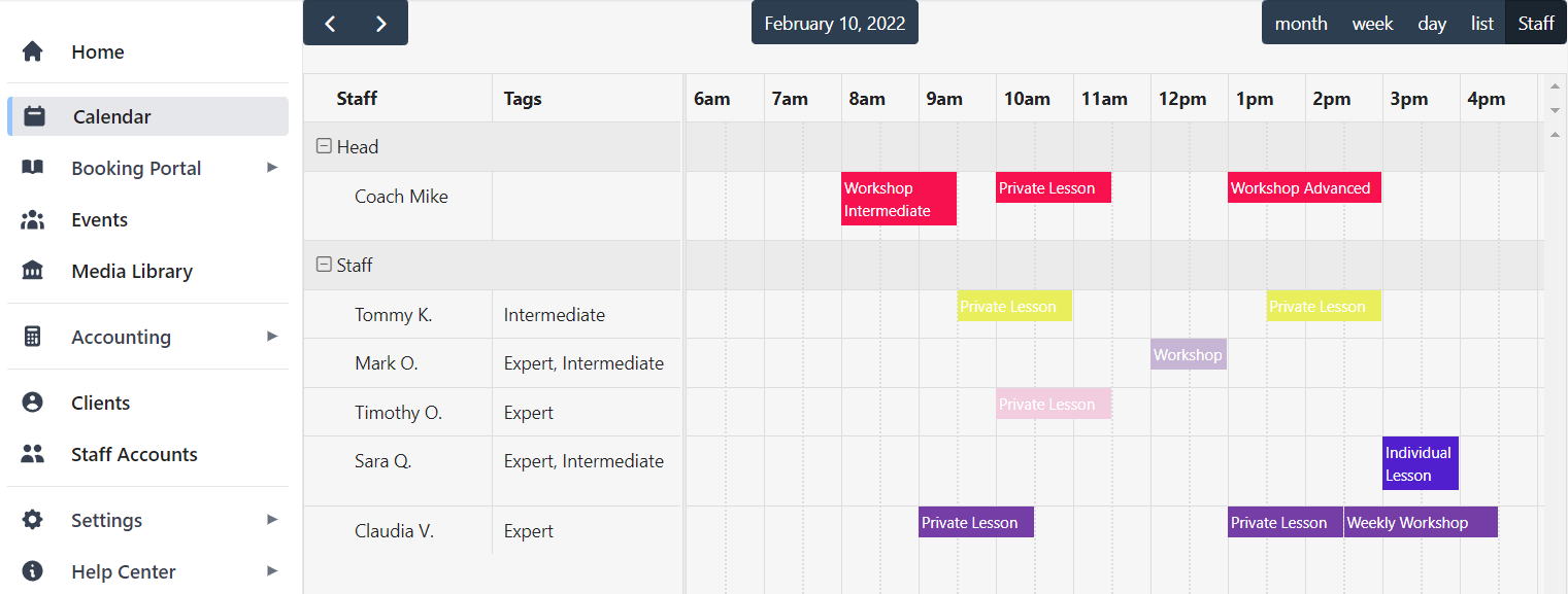 Planubo user interface of the staff calendar