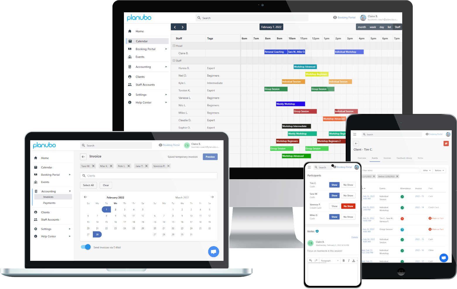 Planubo scheduling software displayed on a desktop, laptop, tablet and phone screen