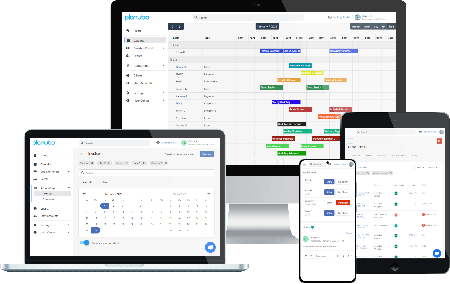 Planubo-Planungssoftware, die auf einem Desktop-, Laptop-, Tablet- und Smartphonebildschirm angezeigt wird