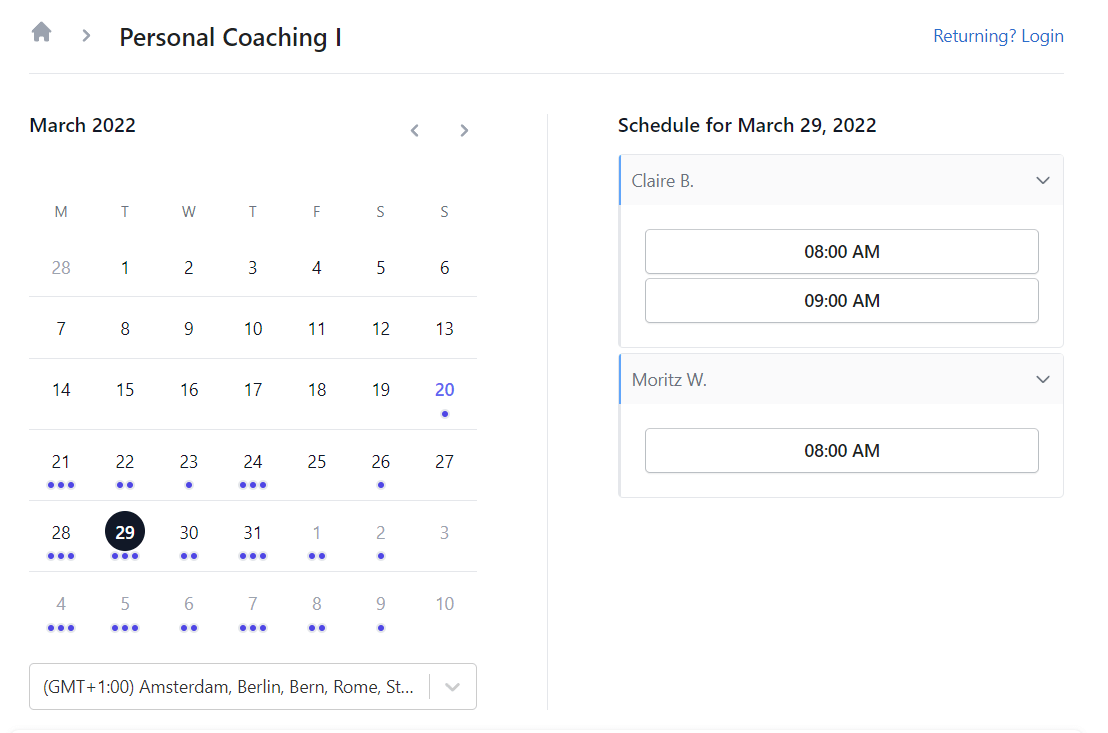 Planubo Booking Page Calendar