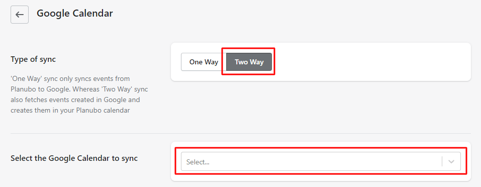 Google Calendar two-way sync setup within the Planubo user interface