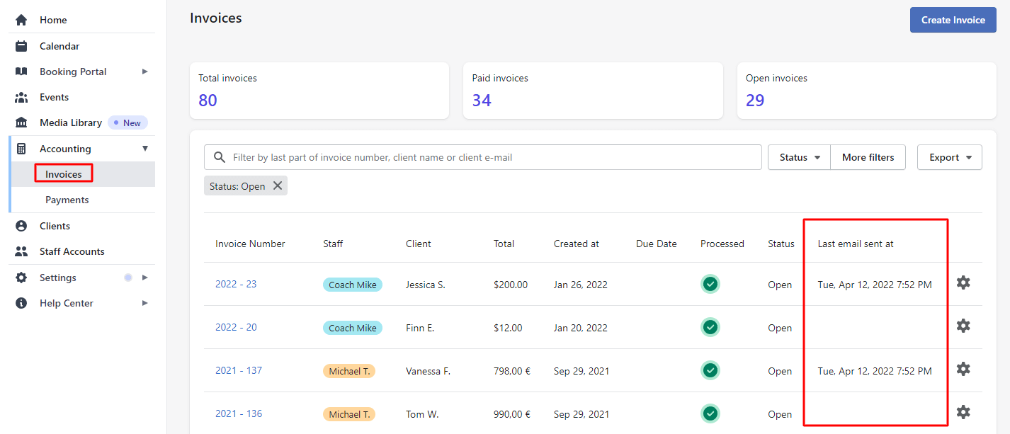 Invoice status email reminder section within Planubo account