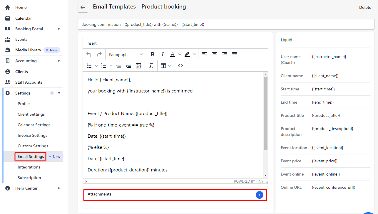 Product Booking email template within the Planubo user interface