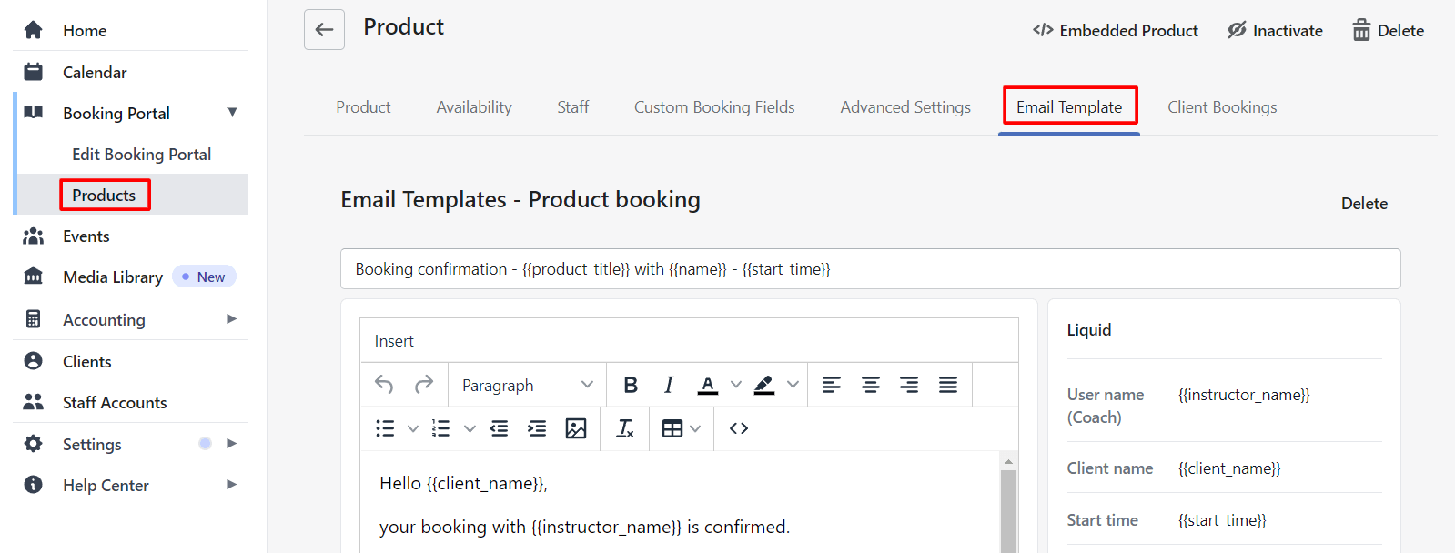 Product Booking email template within the products section of Planubo