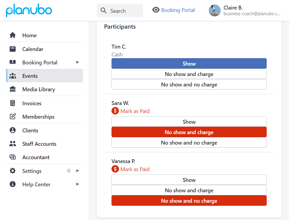 Attendance tracking system displayed within the Planubo user interface