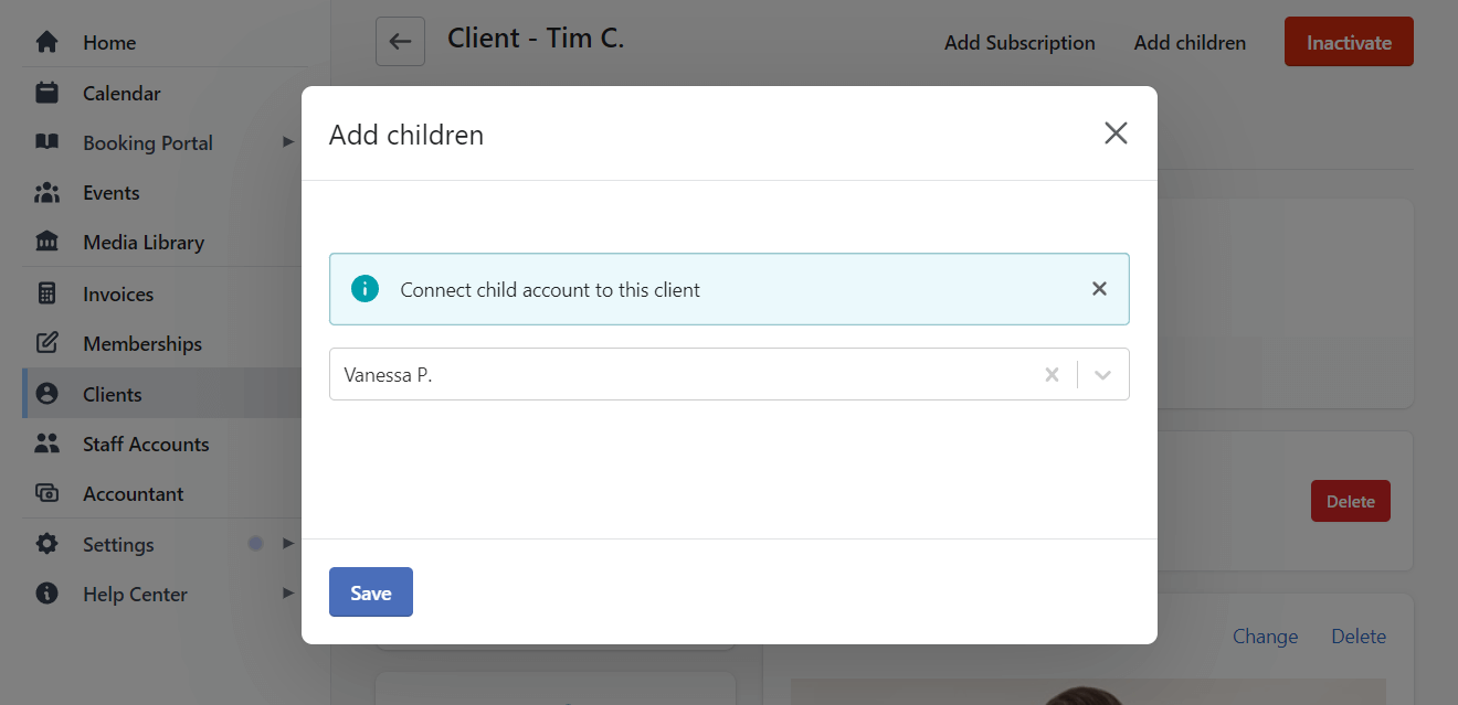 Children account section displayed within the Planubo user interface