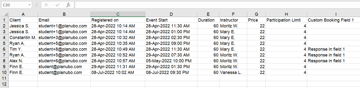 Excel export of the participation list