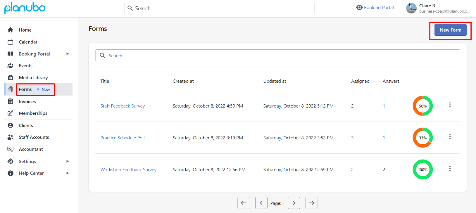 Forms tab within the Planubo user interface.