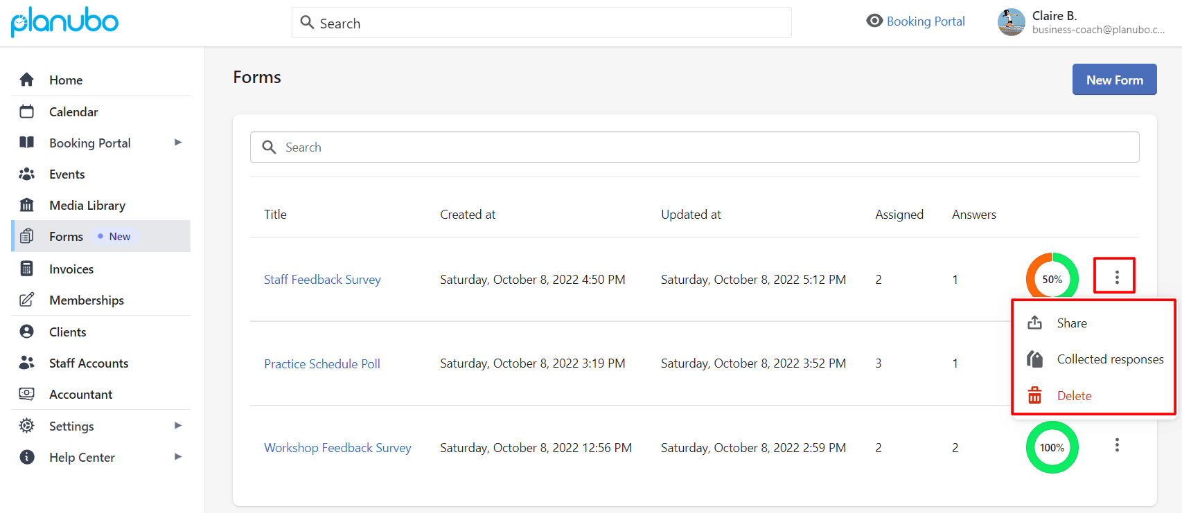 Formularübersichtsseite in der Planubo Benutzeroberfläche.