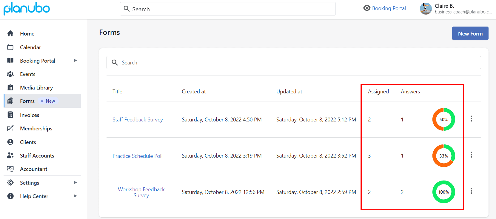 Der Prozentsatz der ausgefüllten Formulare wird auf der Planubo-Benutzeroberfläche angezeigt.