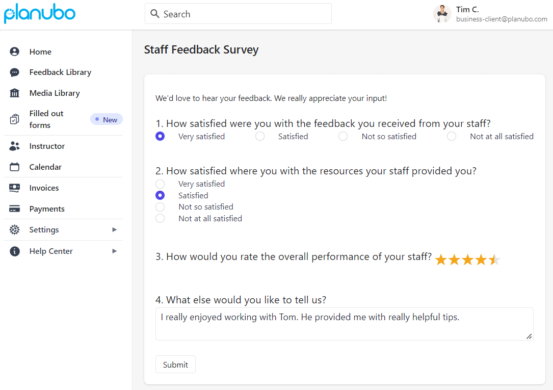 Staff feedback survey displayed within the Planubo client user interface.