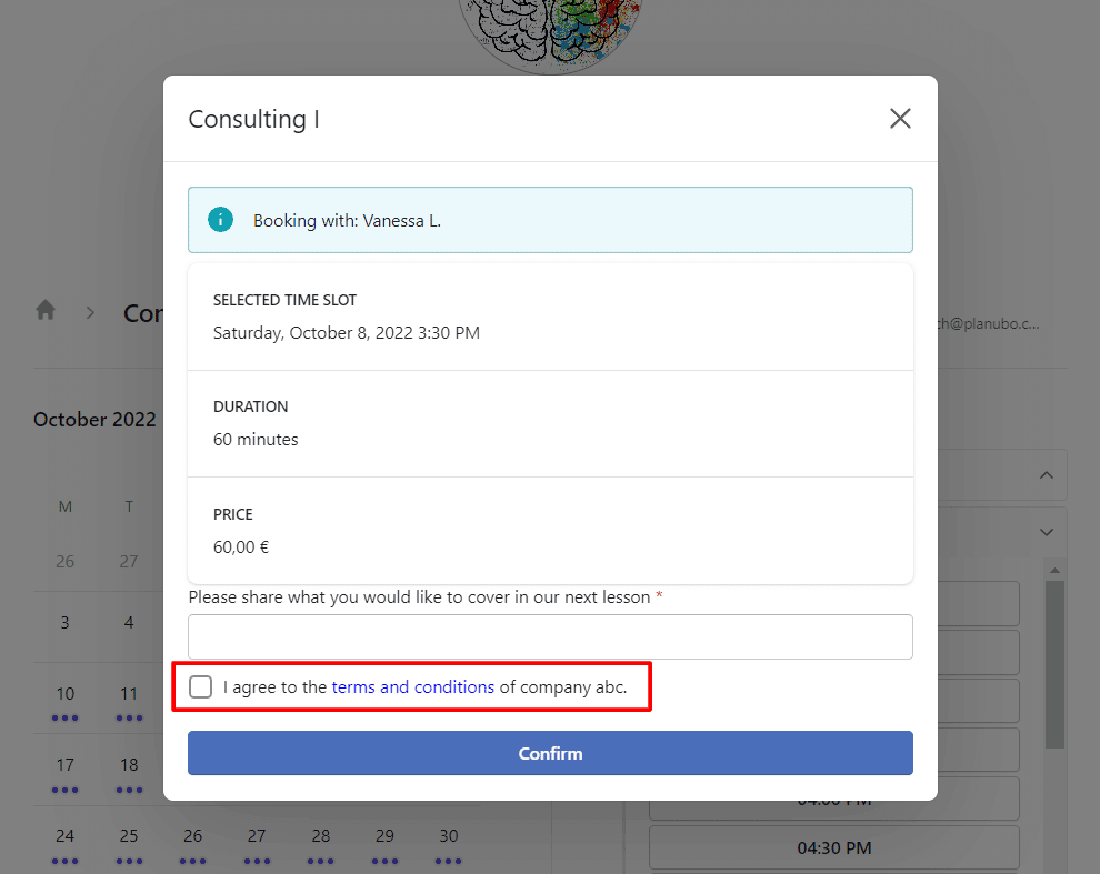 terms and conditions checkbox during the booking process within the Planubo user interface