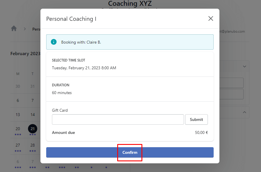 Planubo Buchungsseite für das Produkt Personal Coaching, wenn die Zahlung erforderlich ist.