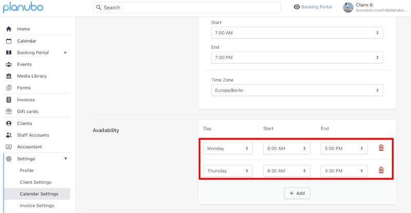 General availability has been added for the user in the "Availability" section of the Planubo user interface.