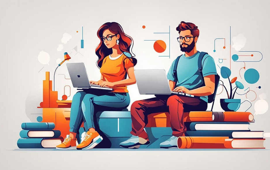 A man and a woman are sitting on books with a laptop on the legs.