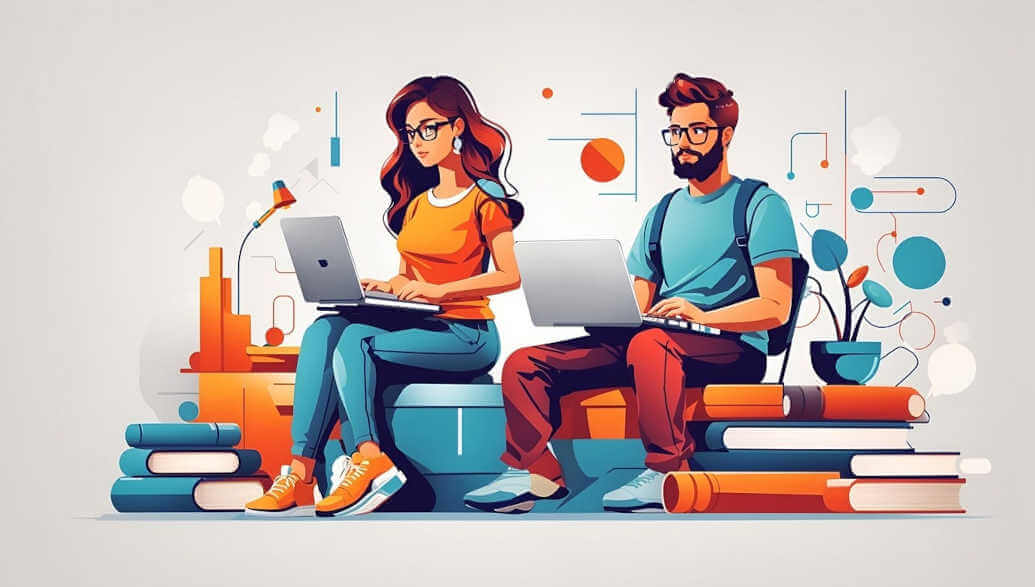 Ein Mann und eine Frau sitzen auf Büchern, auf deren Beinen ein Laptop steht.