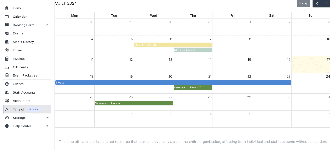 Time off calendar displayed within the Planubo User Interface.