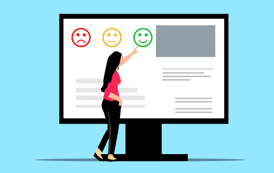 a woman is pointing to a computer screen with a smiley rating system and pointing to the green smiley. The background of the illustration is light blue.