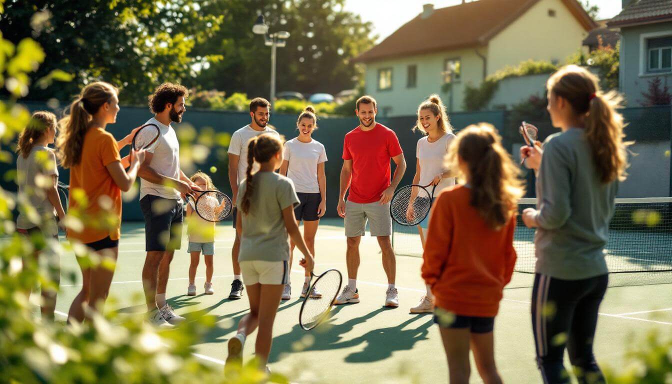 Tennis-Training mit jungen Spielern unter Anleitung eines Trainers.