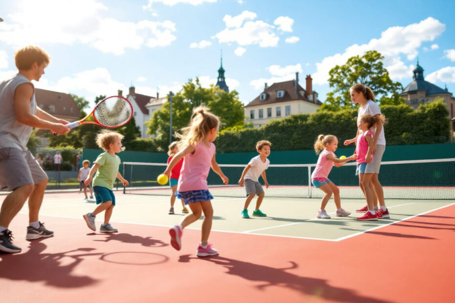 Vibranter Tennisplatz mit spielenden Kindern unter Anleitung eines Trainers.