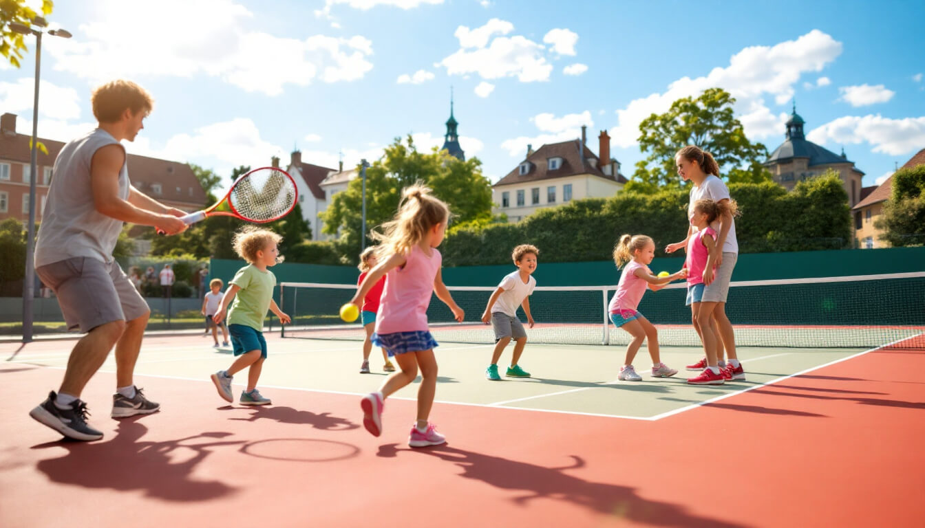 Vibrant tennis court with children playing under the guidance of a coach.