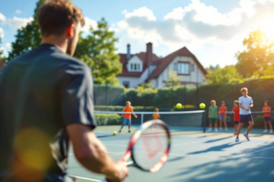 Tennis-Training mit jungen Spielern unter Anleitung eines Trainers.