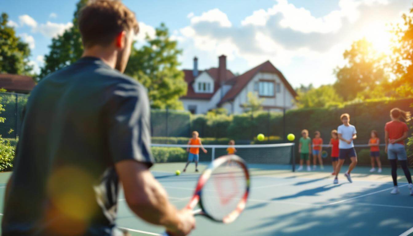 Tennis-Training mit jungen Spielern unter Anleitung eines Trainers.