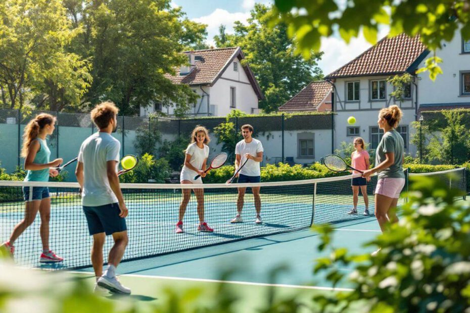 Young tennis players training outdoors with a coach.