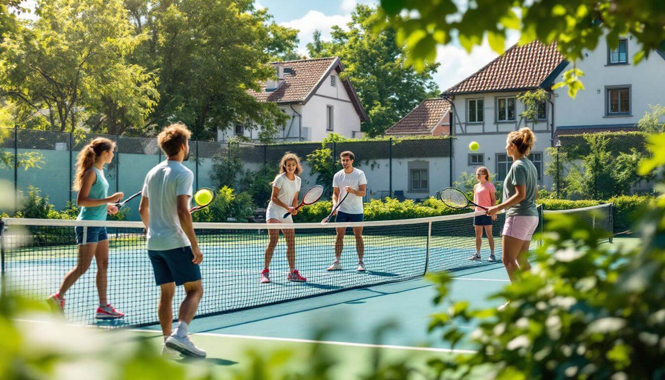 Young tennis players training outdoors with a coach.