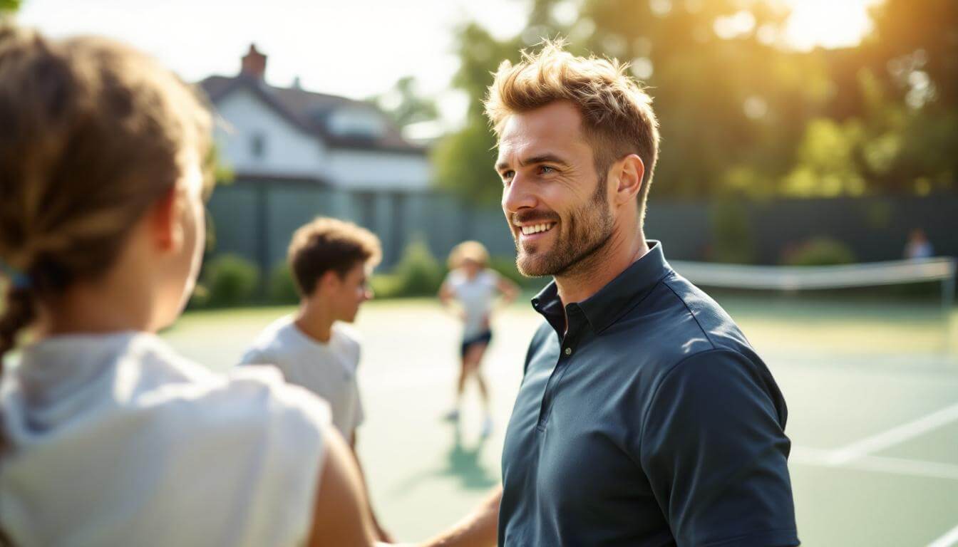 Tennis coach instructing young players on a tennis court