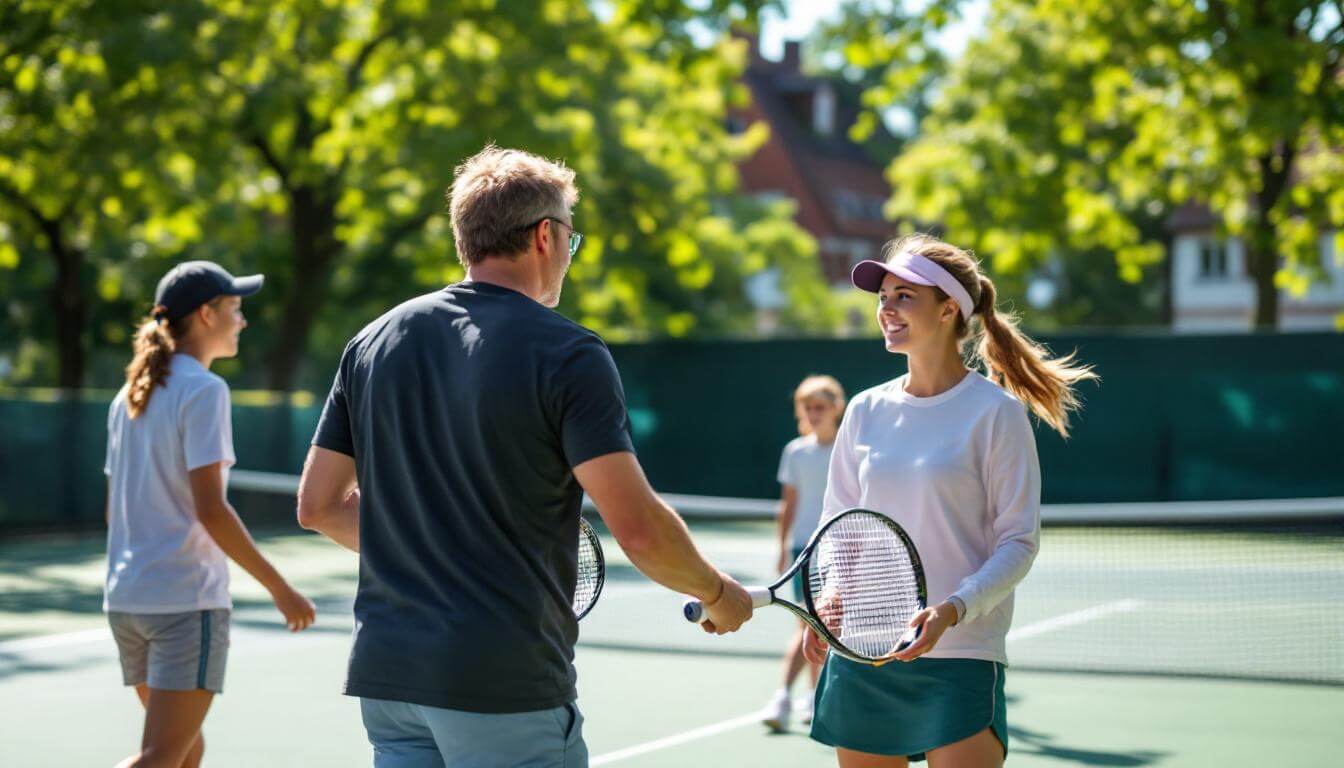 Tenniscoach mit Junioren auf einem Außenplatz.