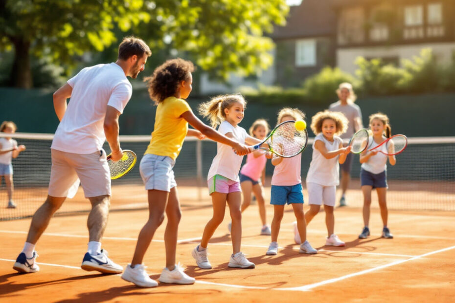 Enthusiastic children training on an outdoor tennis court in Germany.