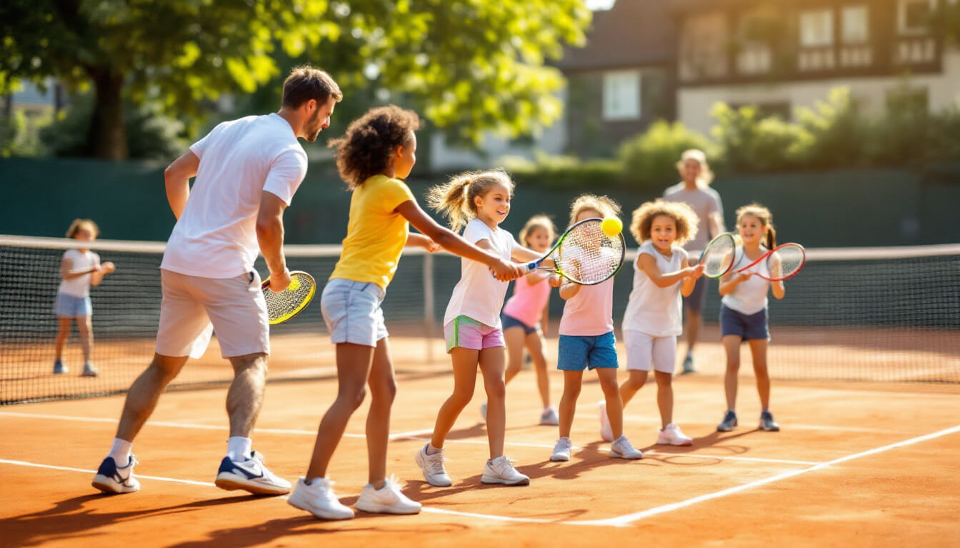Enthusiastic children training on an outdoor tennis court in Germany.