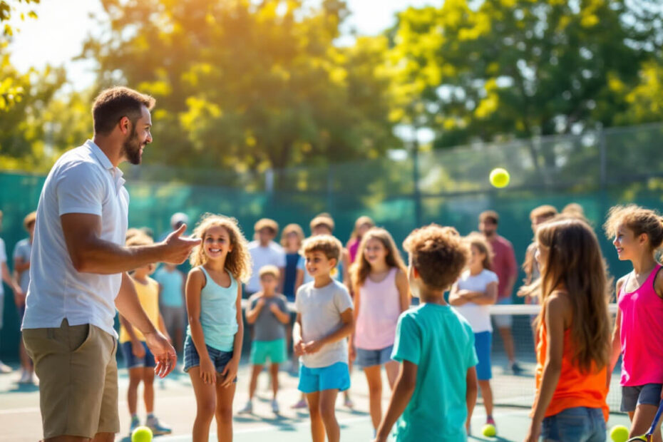 Vibrant tennis event with children in a summer camp.