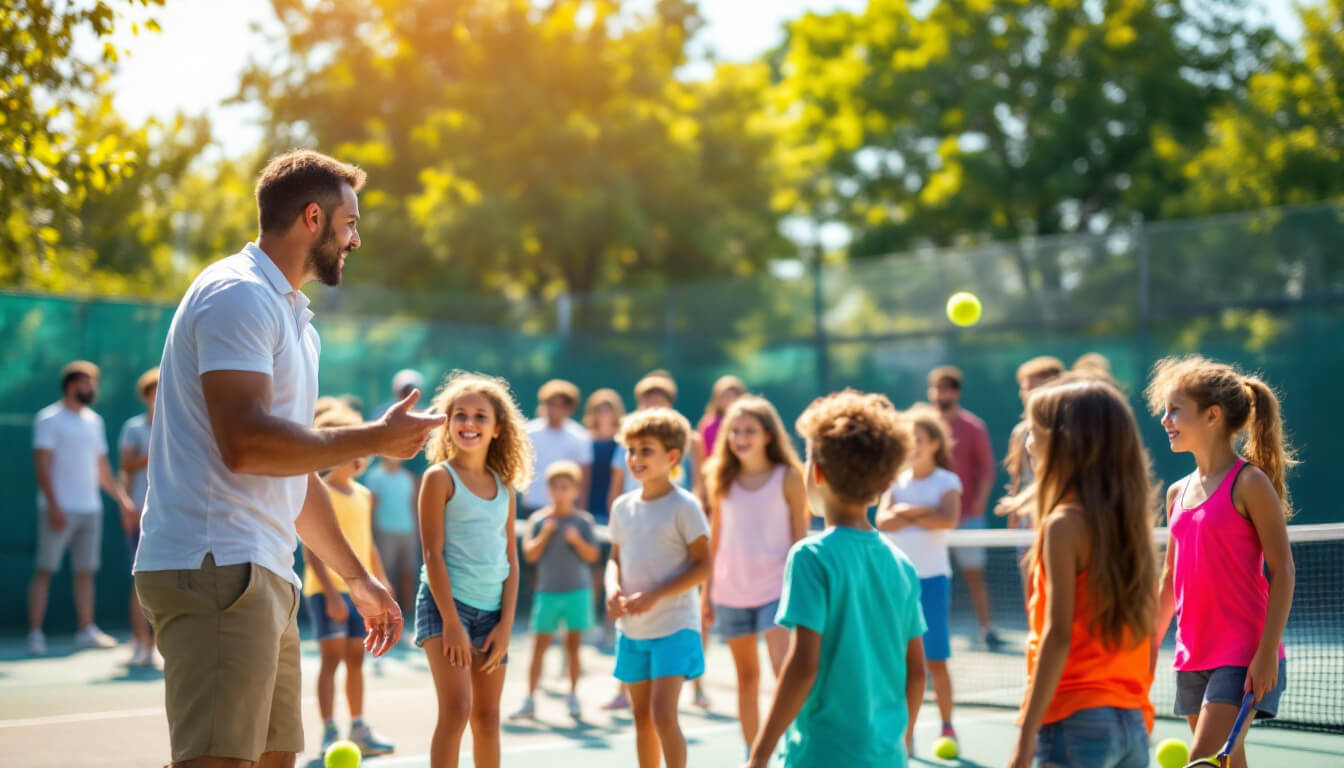 Vibrant tennis event with children in a summer camp.