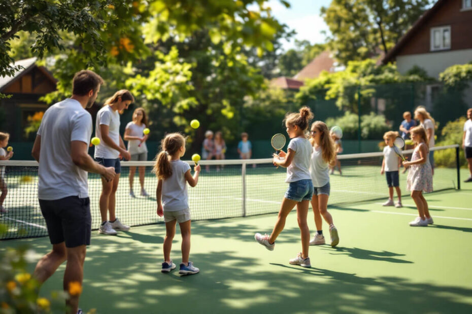 Familienbesuch bei einem Tennis-Event mit Training für Kinder.