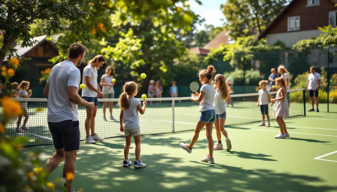 Families attending a tennis event with children practicing.