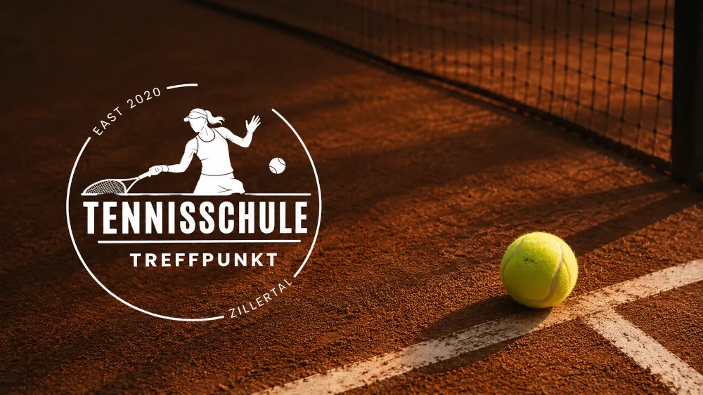 tennisschule-treffpunkt-customer-story A clay tennis court with a tennis ball, combined with the logo of the Treffpunkt Tennis Academy.