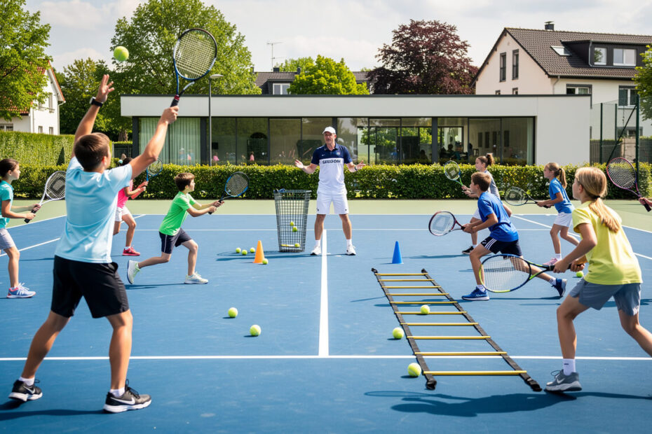 Young players practicing tennis under a coach's supervision on a tennis court.