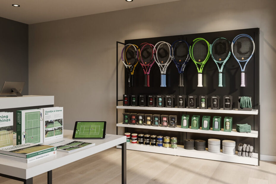 Interior view of a tennis store featuring high-quality equipment and accessories