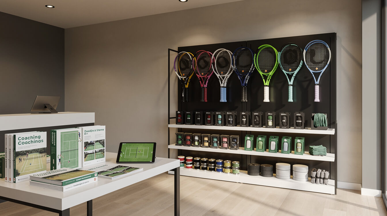 Innenansicht eines Tennisgeschäfts mit hochwertigem Equipment und Zubehör